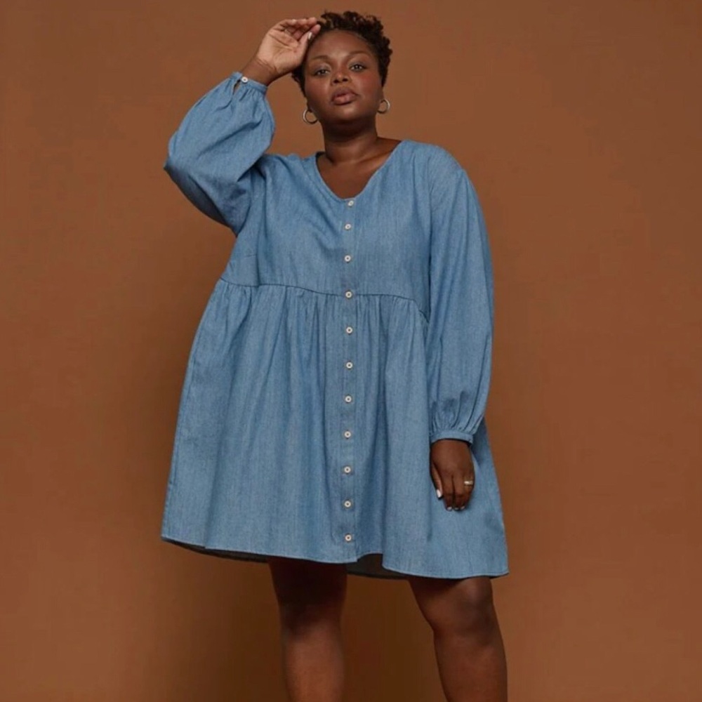 Tradlands Light Blue Denim Button-Front Babydoll Dress